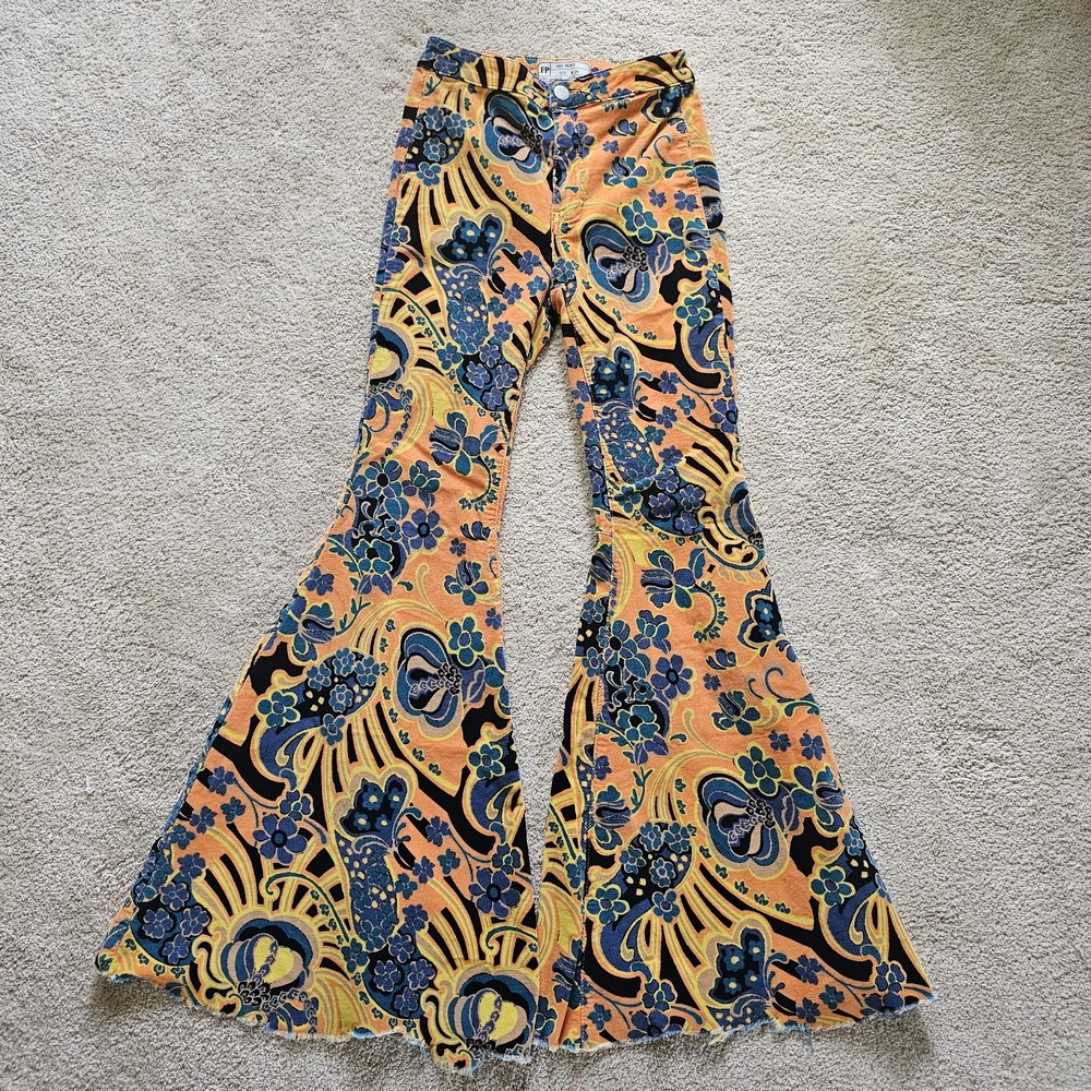 Free People Orange and Blue Floral Corduroy Pants